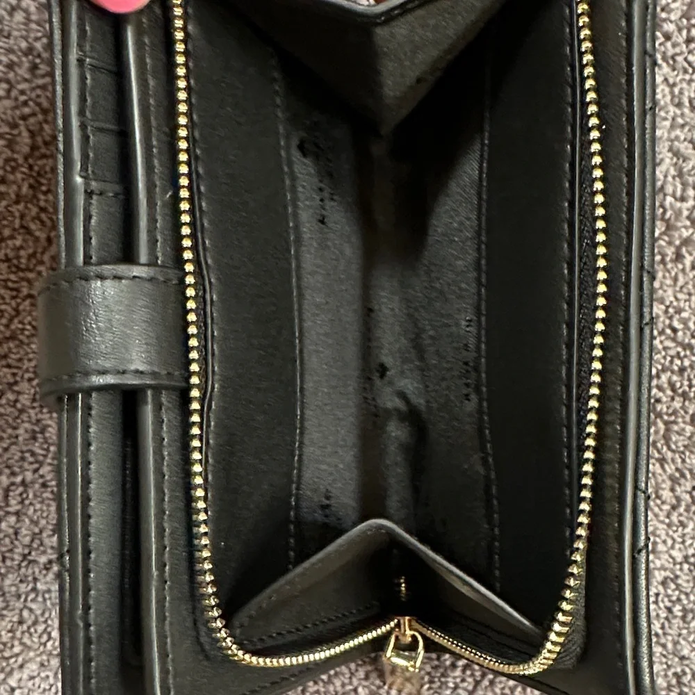 kate spade Medium Black Quilted Leather Zip-Around Wallet with Gold Logo
